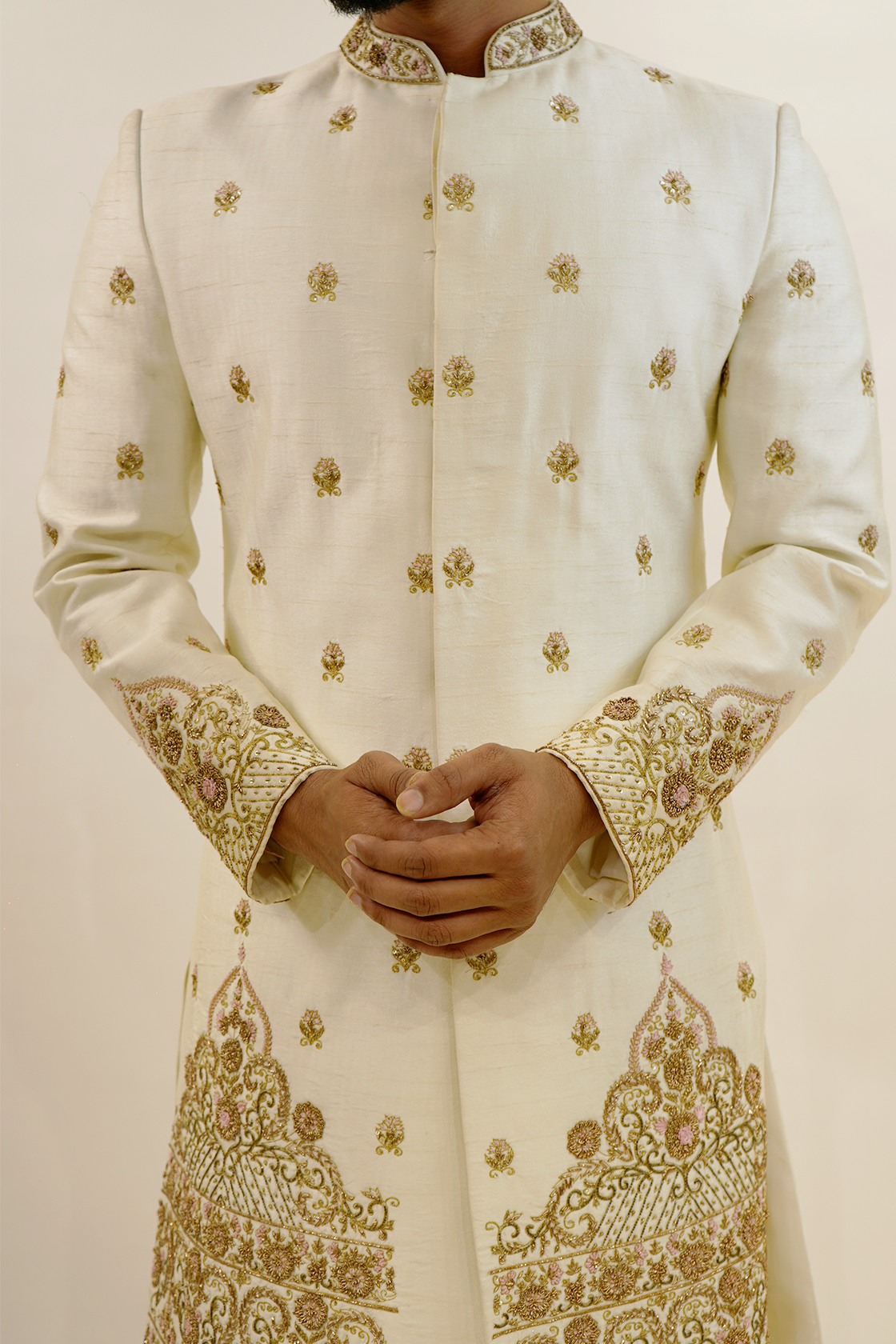 Heavy hem work Sherwani with bootas