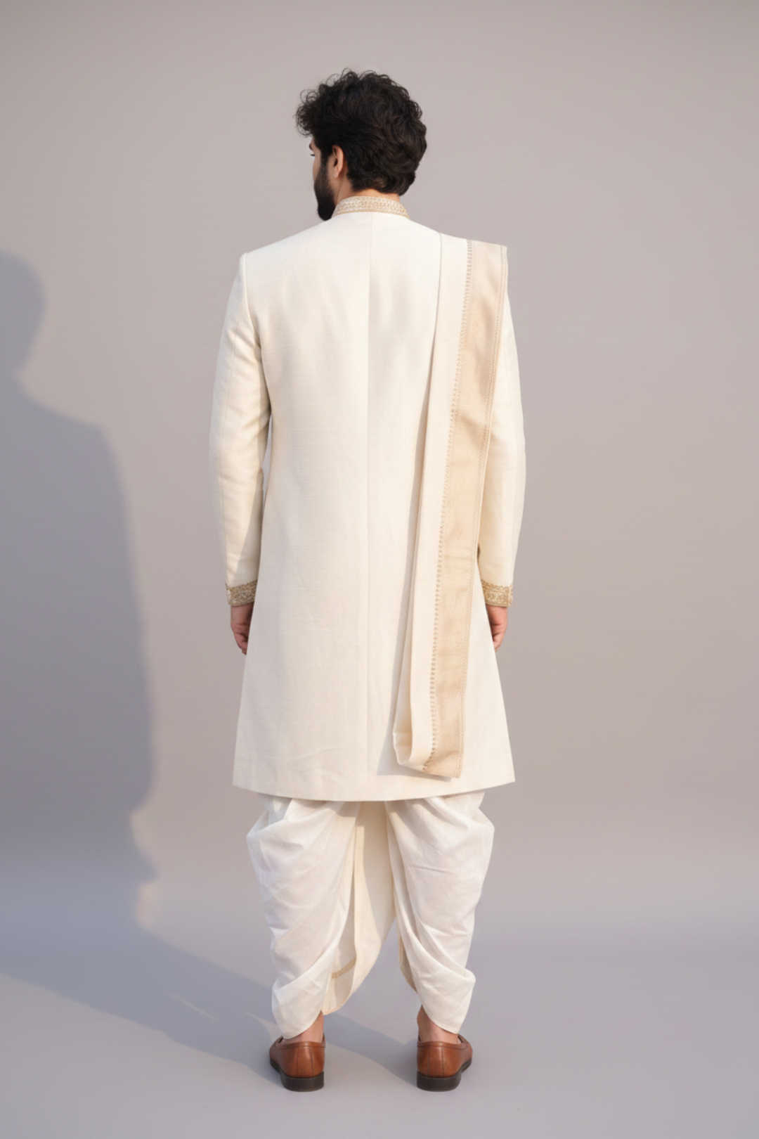 Men’s Ivory Silk Kurta with Pattu Pancha & Angavastram | Ayodhya Mandir Elegance Embroidery Wedding Set