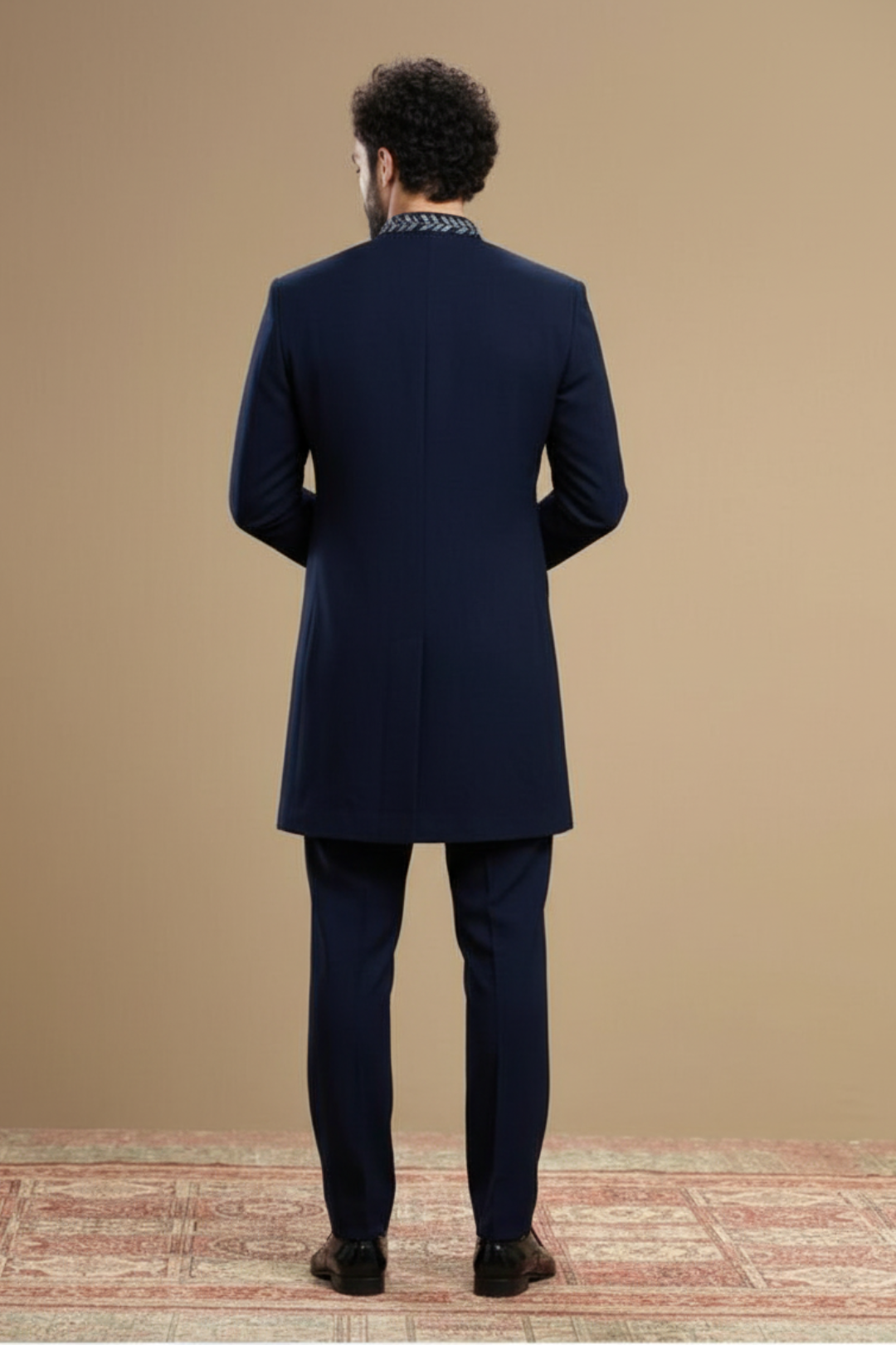 Navy Blue Designer Indo-Western Sherwani with Floral Embroidery