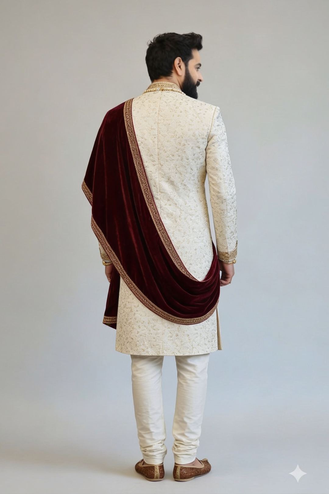 Man wearing a cream sherwani with a maroon shawl on a plain background