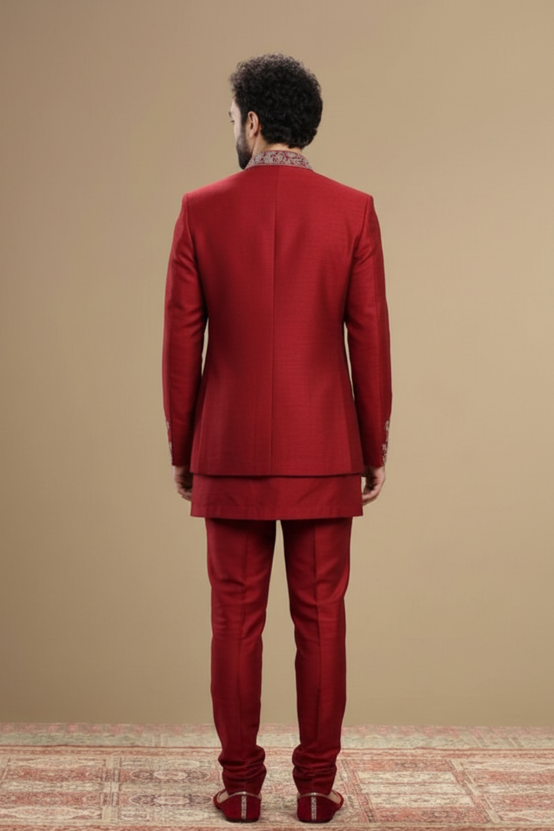 Classic Maroon Indo-Western Sherwani with Traditional Motifs