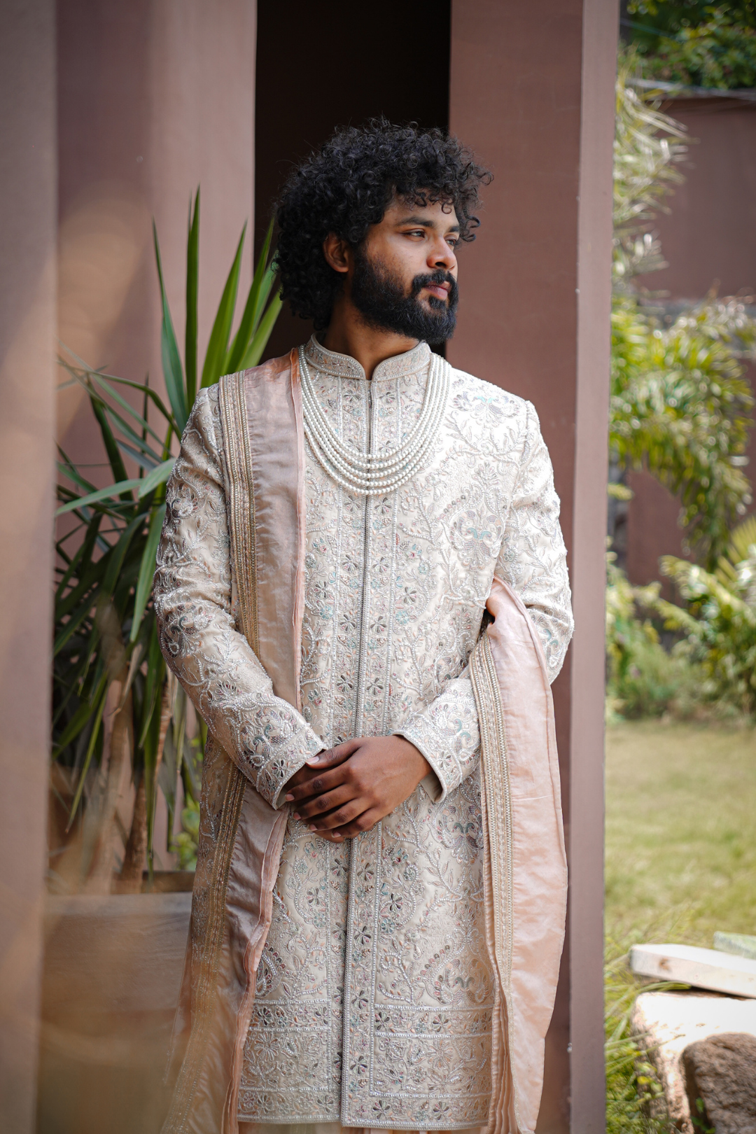 Ivory & Blush Pink Embroidered Groom Sherwani Set with Stole
