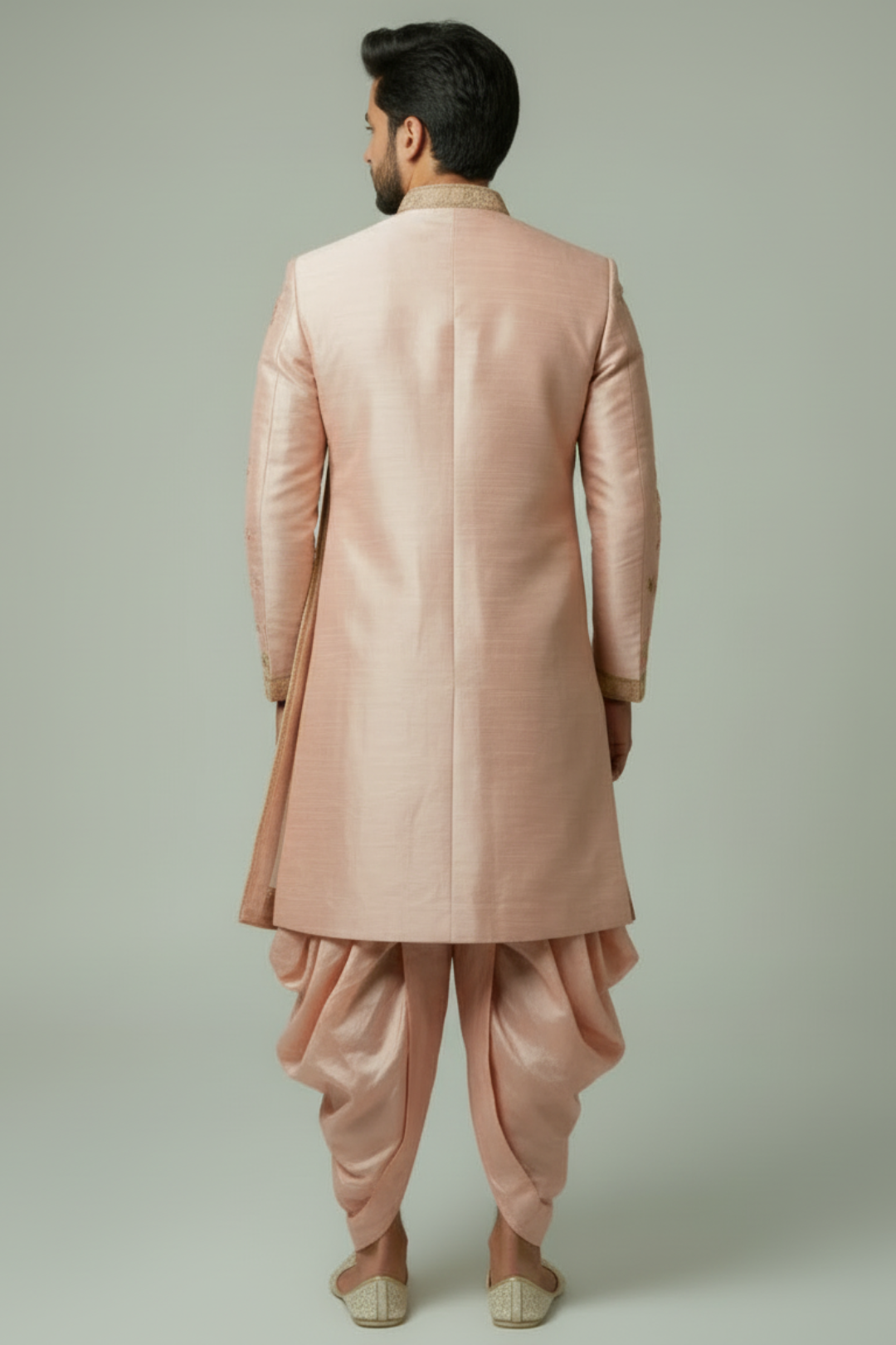 Peach Silk Floral Embroidered Sherwani Set with Dhoti Pants & Dupatta