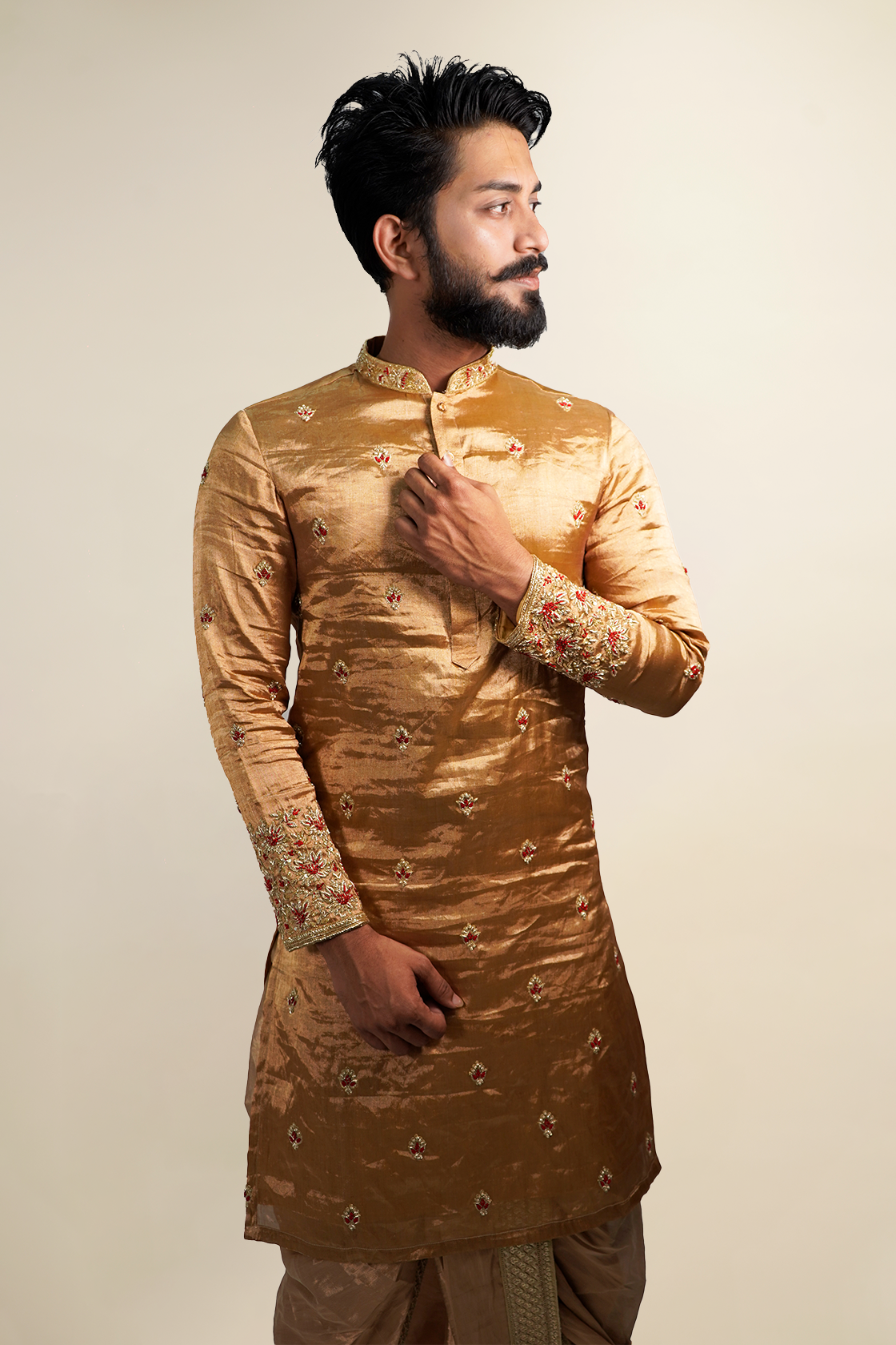 Antique Gold Tissue Pattu Kurta Set with Zardozi Work