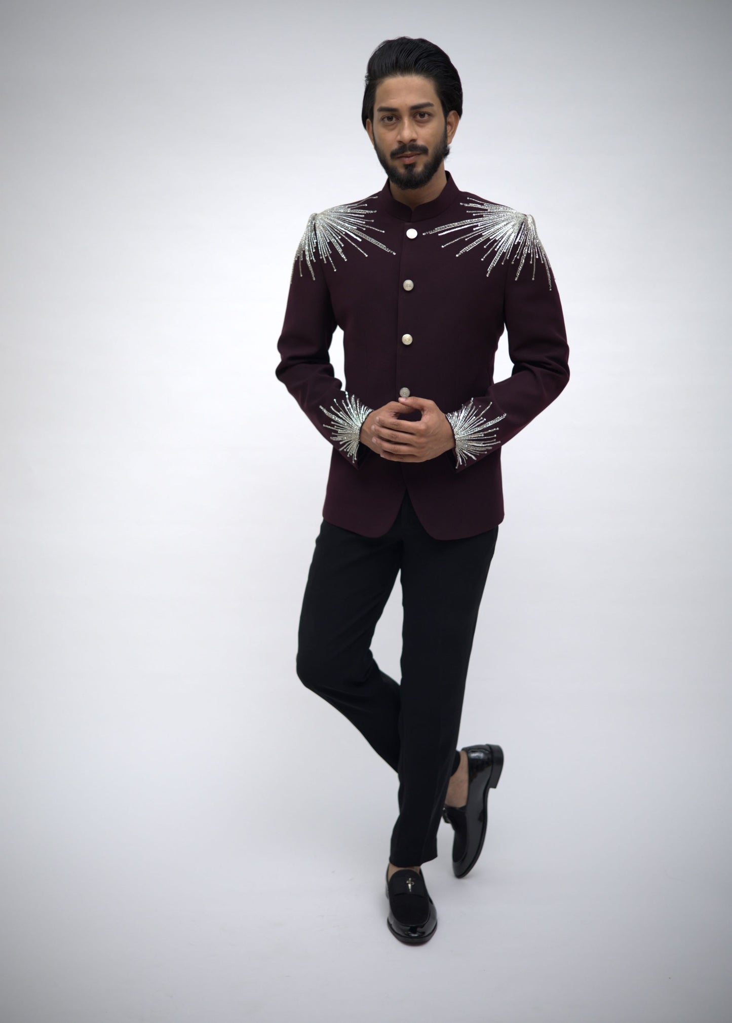 Wine Jodhpuri with White and silver cut beads and sequence work