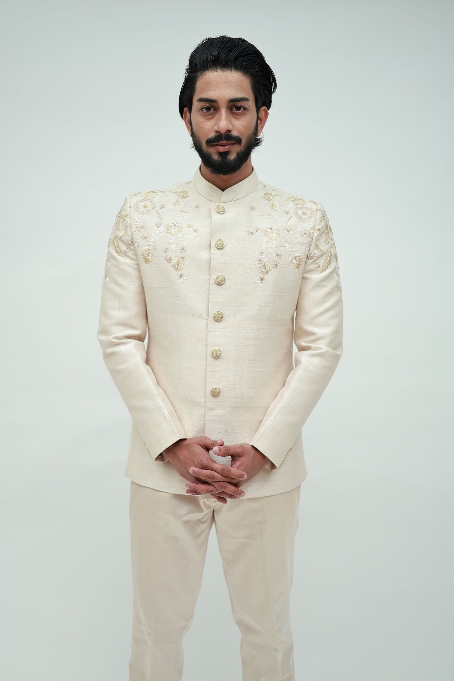 Beige Raw silk jodhpuri with shoulder floral work