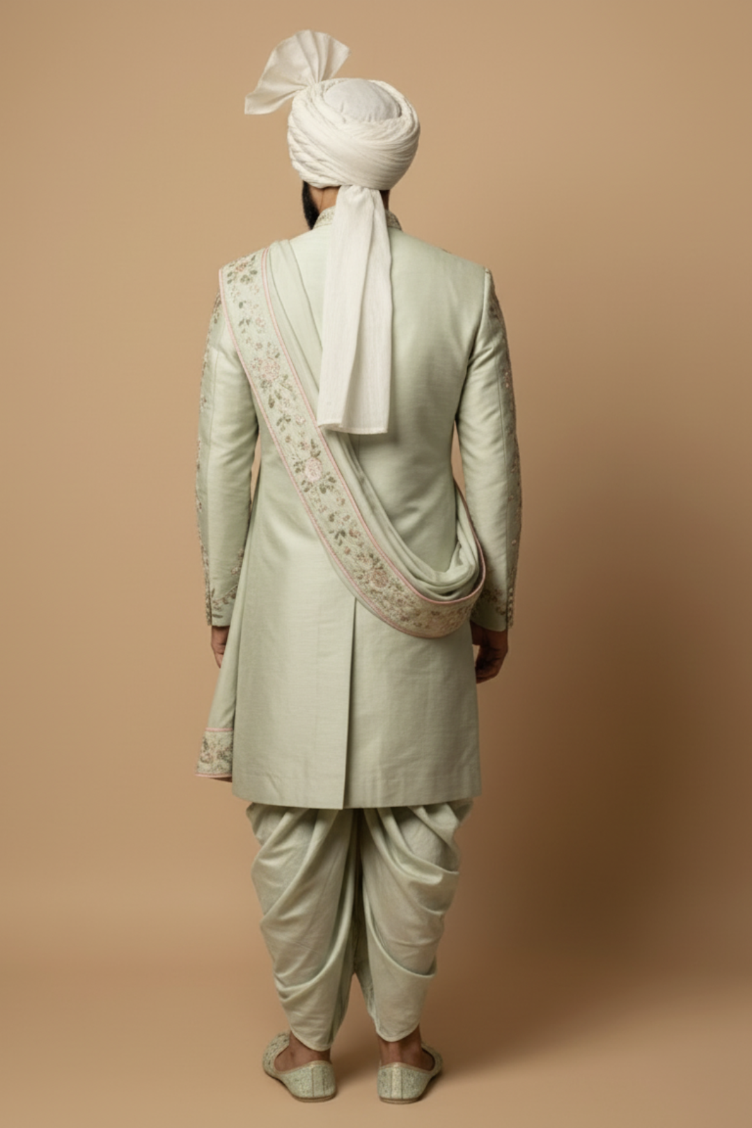 Mint Green Floral Sherwani with Dhoti Set for Men – Royal Wedding & Groom Wear