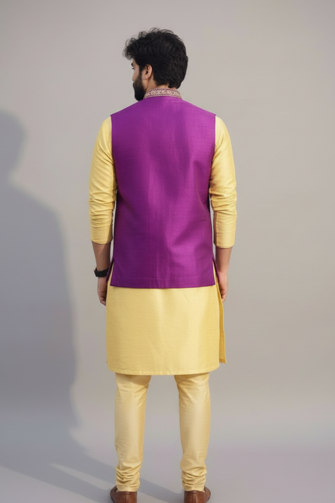 Purple Embroidered Nehru Jacket with Yellow Kurta Set for Men – Festive & Wedding Wear