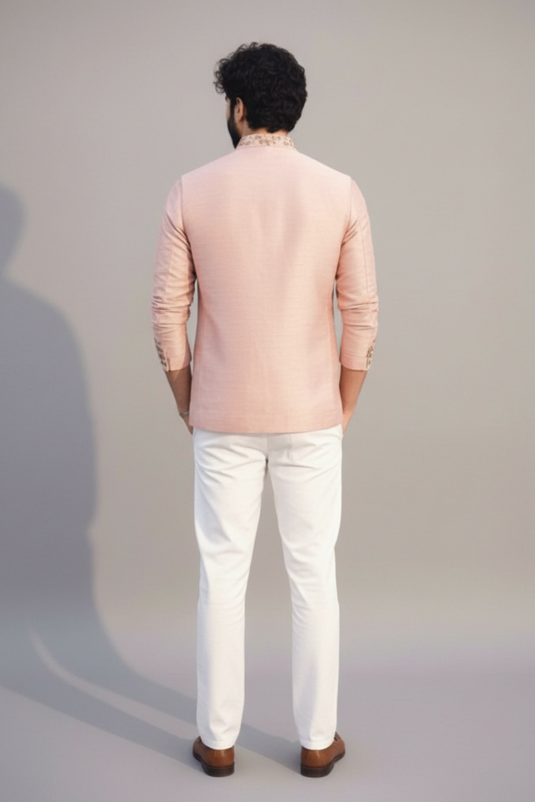 Peach Embroidered Nehru Jacket Kurta Set for Men – Wedding & Festive Wear