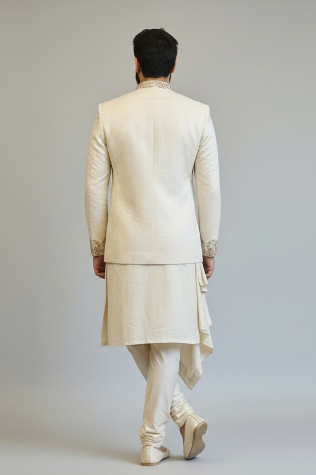 Ivory Draped Indo Western for Men – Luxury Embroidered Wedding & Reception Wear