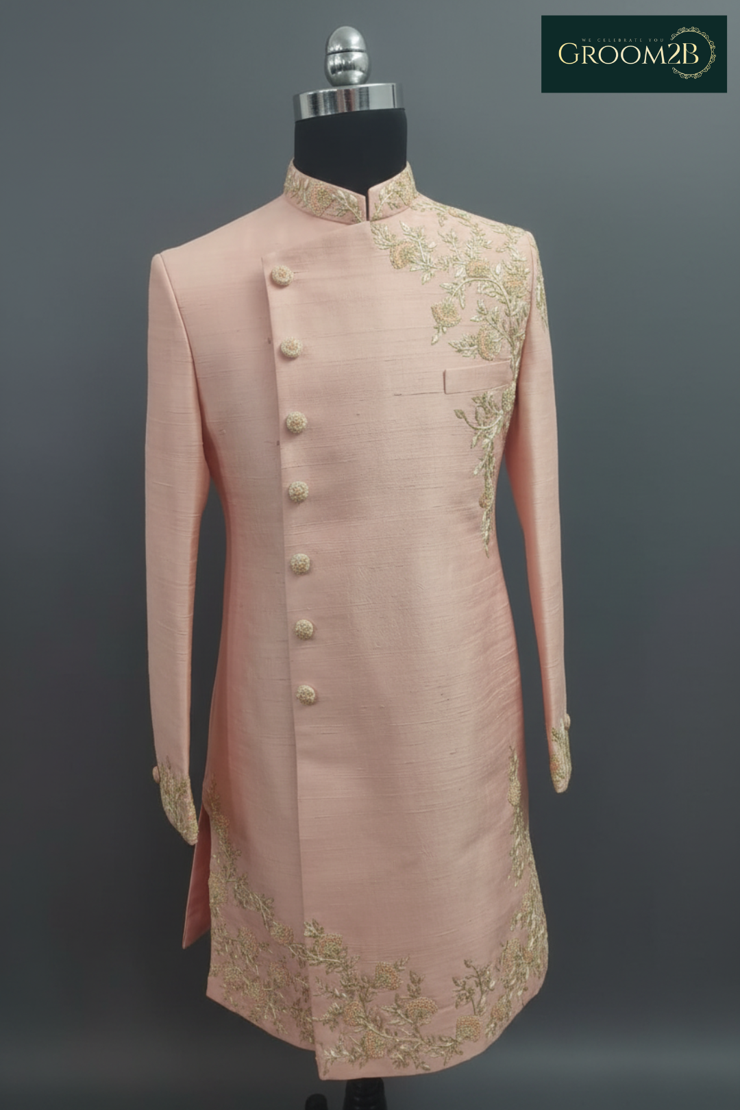 Men’s Peach Embroidered Sherwani Set – Designer Wedding & Festive Ethnic Wear