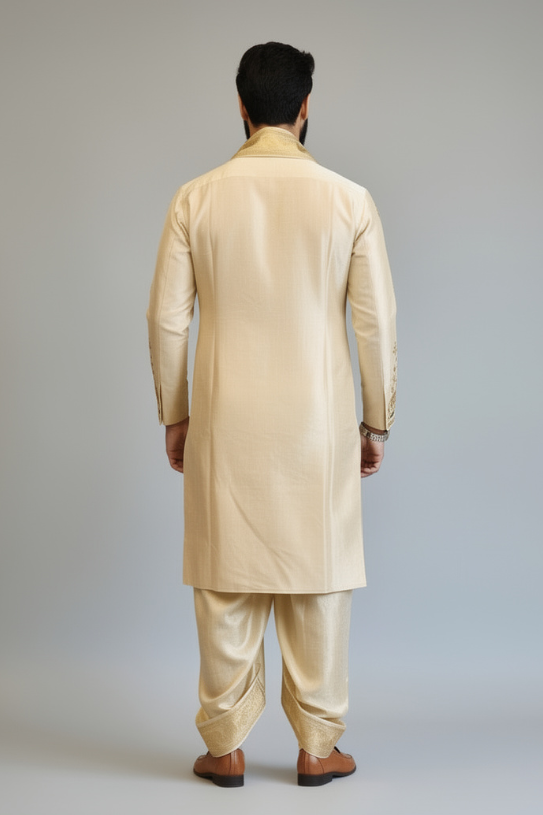 Ivory Gold Peacock Embroidered Kurta Dhoti Set with Tissue Dupatta for Men | Luxury South Indian Wedding Wear