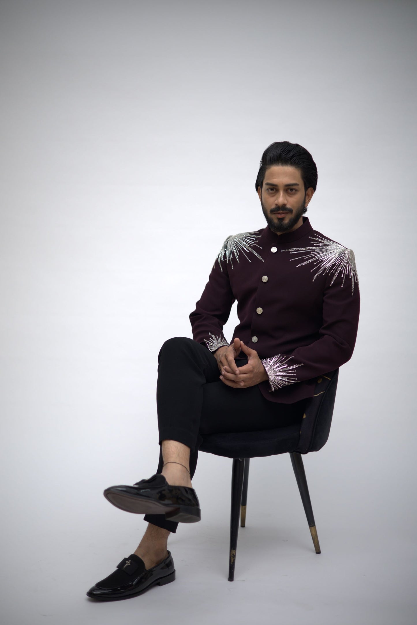 Wine Jodhpuri with White and silver cut beads and sequence work