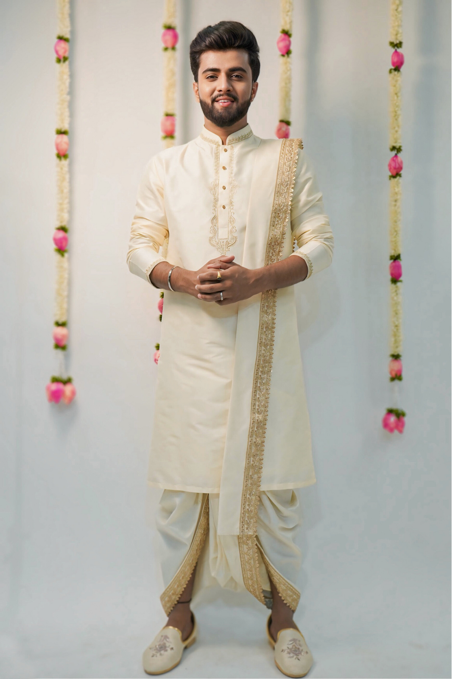 Off-white semi pattu pancha set with zari work on collar and cuffs