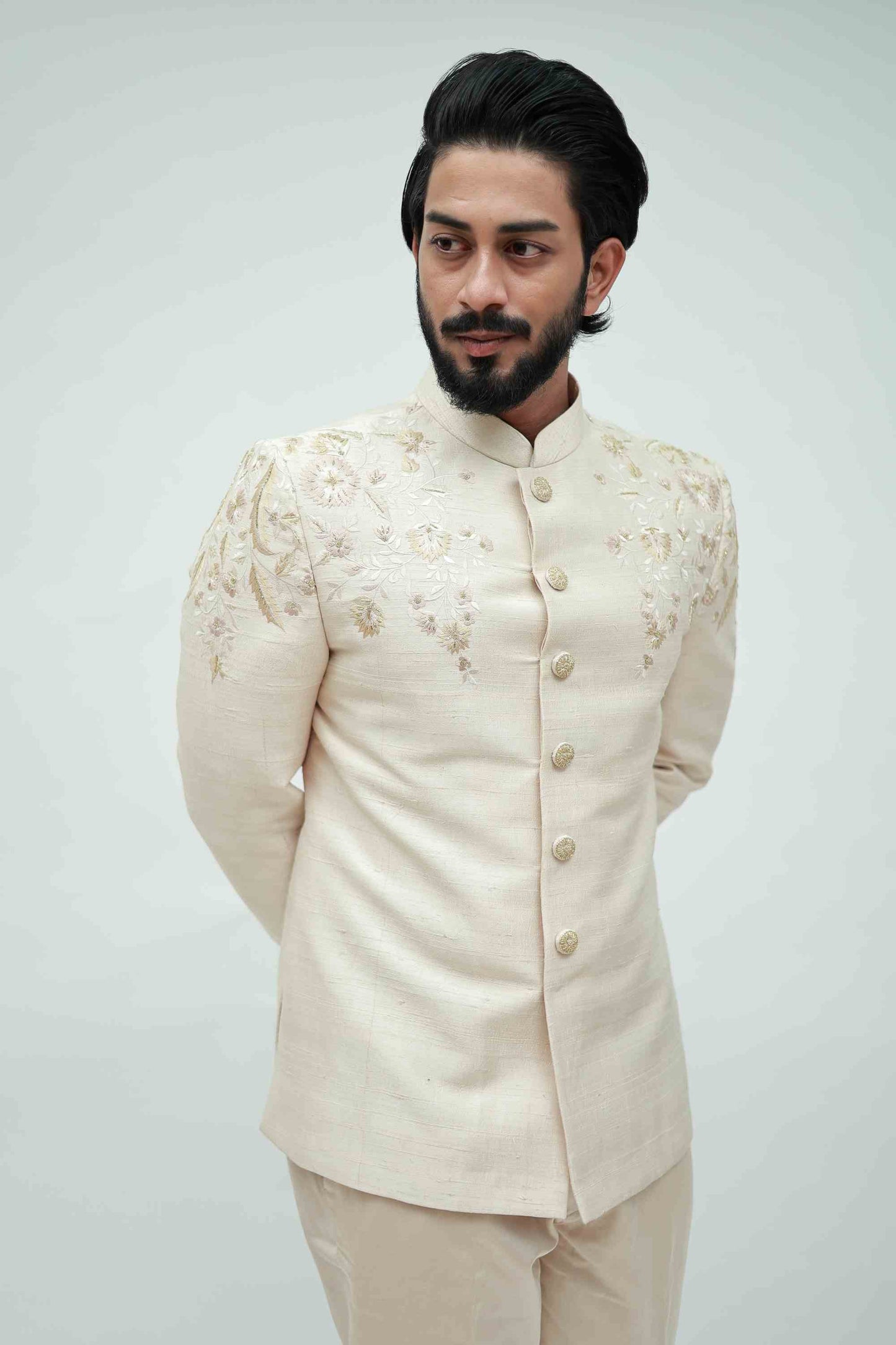 Beige Raw silk jodhpuri with shoulder floral work