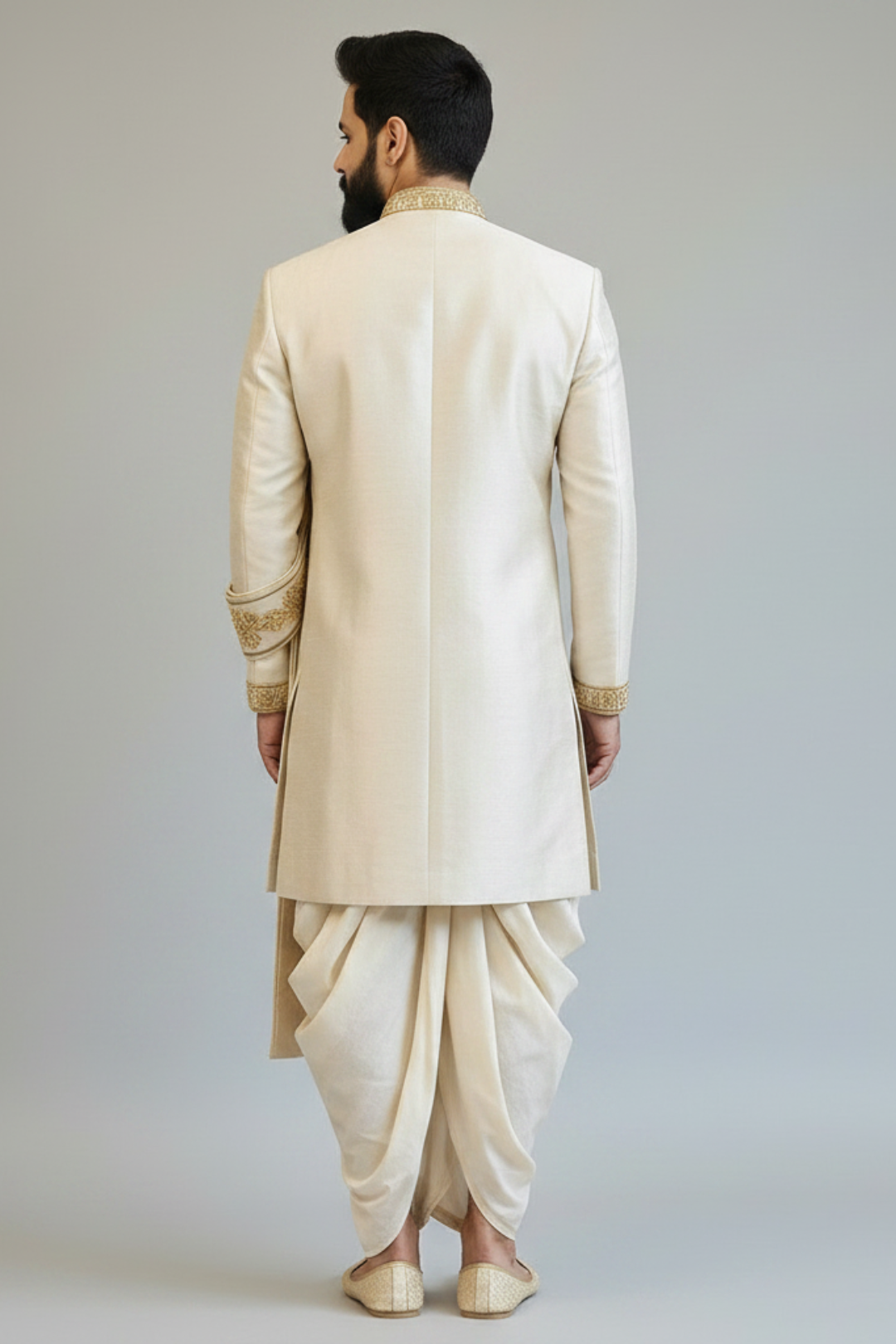 Ivory Embroidered Sherwani for Men – Royal Elephant Motif Wedding Sherwani with Dhoti