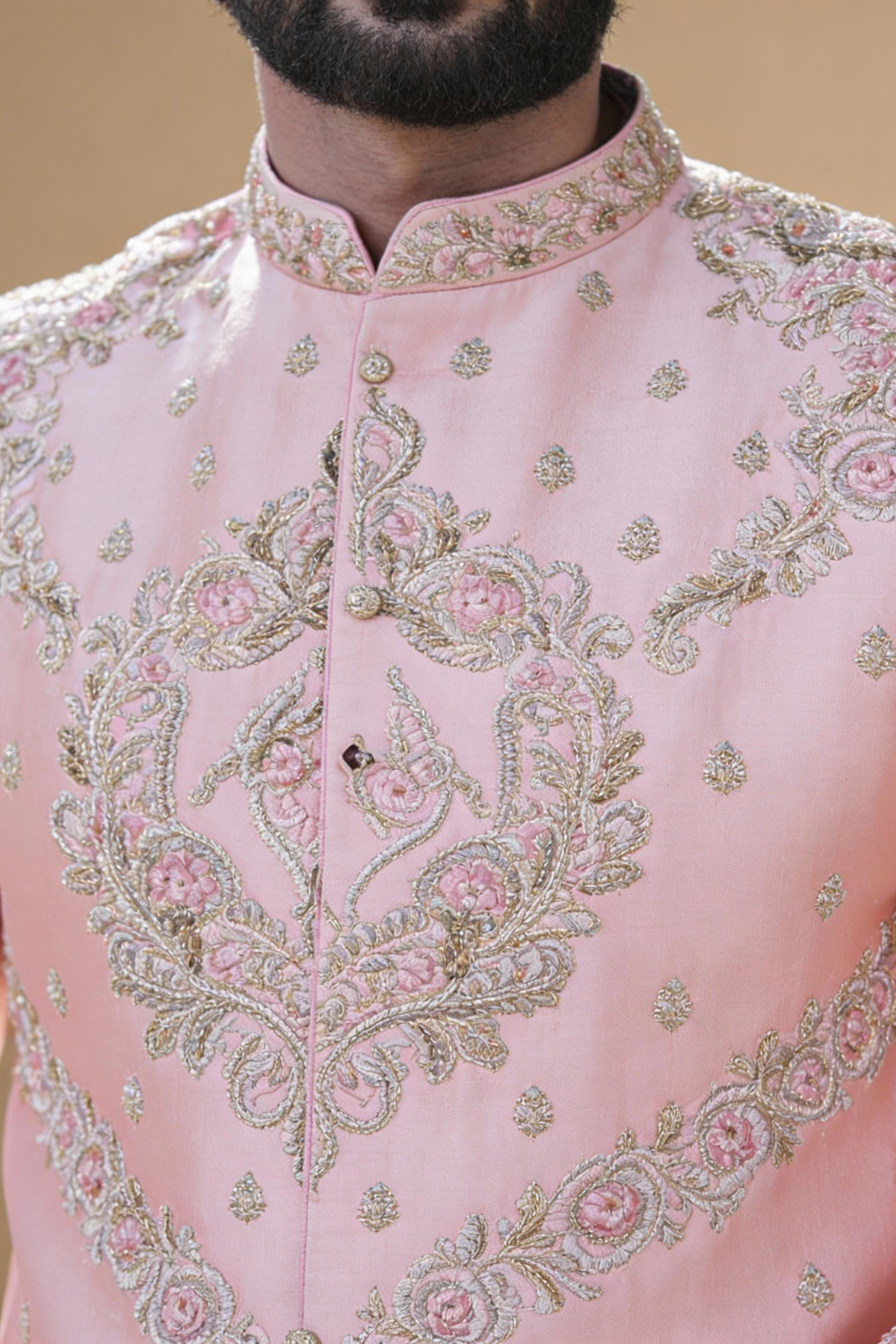 Men's Peach Wedding Sherwani with Matching Dhoti and Intricate Pelli Gold Work