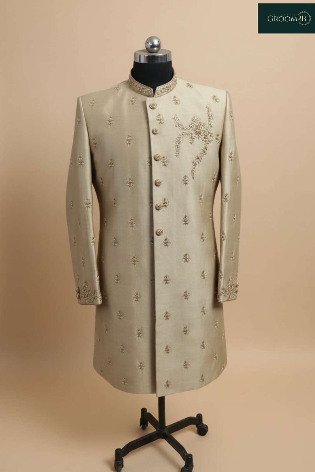 Men’s Beige Embroidered Sherwani Set – Premium Wedding & Festive Indo-Western Outfit