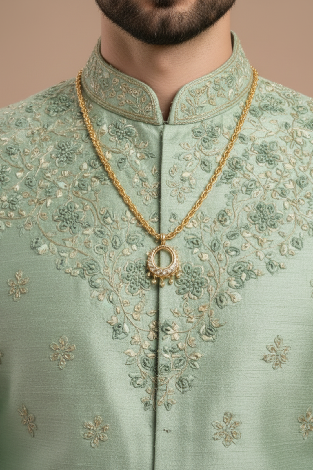 Regal Serenity: Pista Green Embroidered Silk Sherwani Ensemble