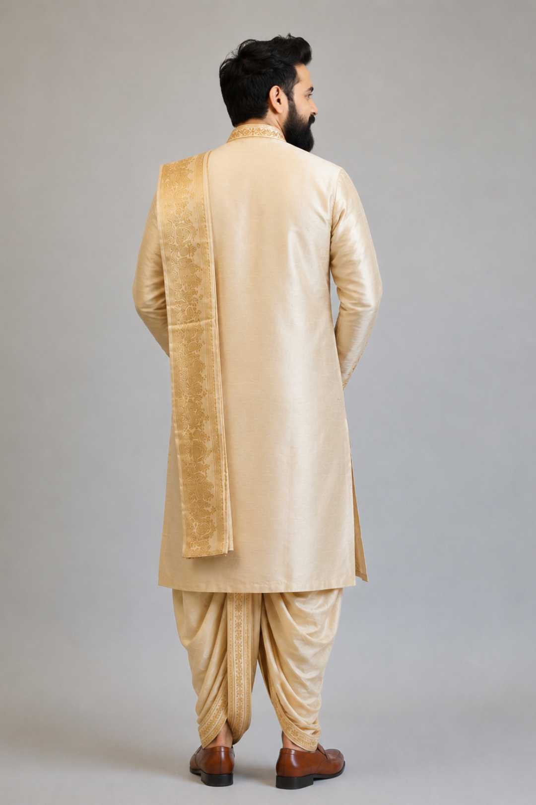 Man wearing a traditional beige kurta with dhoti on a plain background