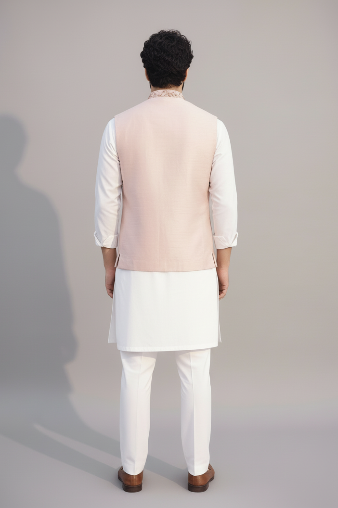 Men’s Pastel Pink Embroidered Sadri Set