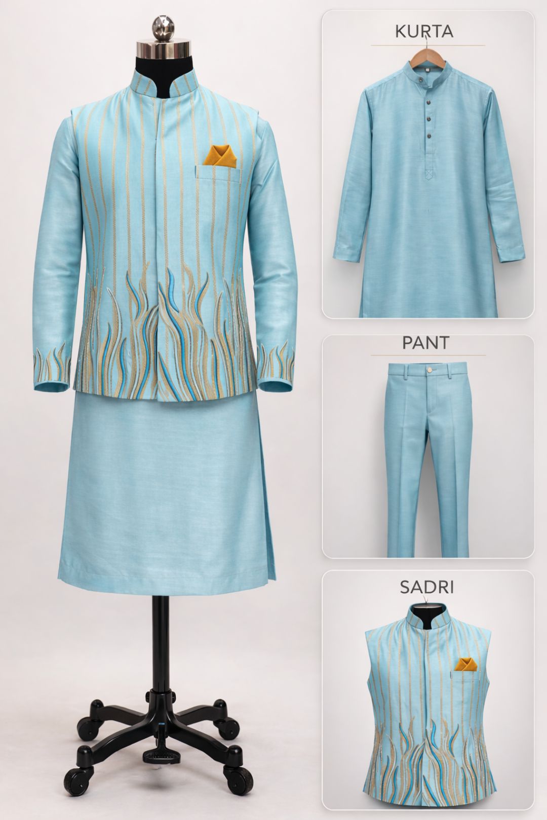Light blue traditional outfit with kurta, pants, and sadri on a mannequin and separate images.
