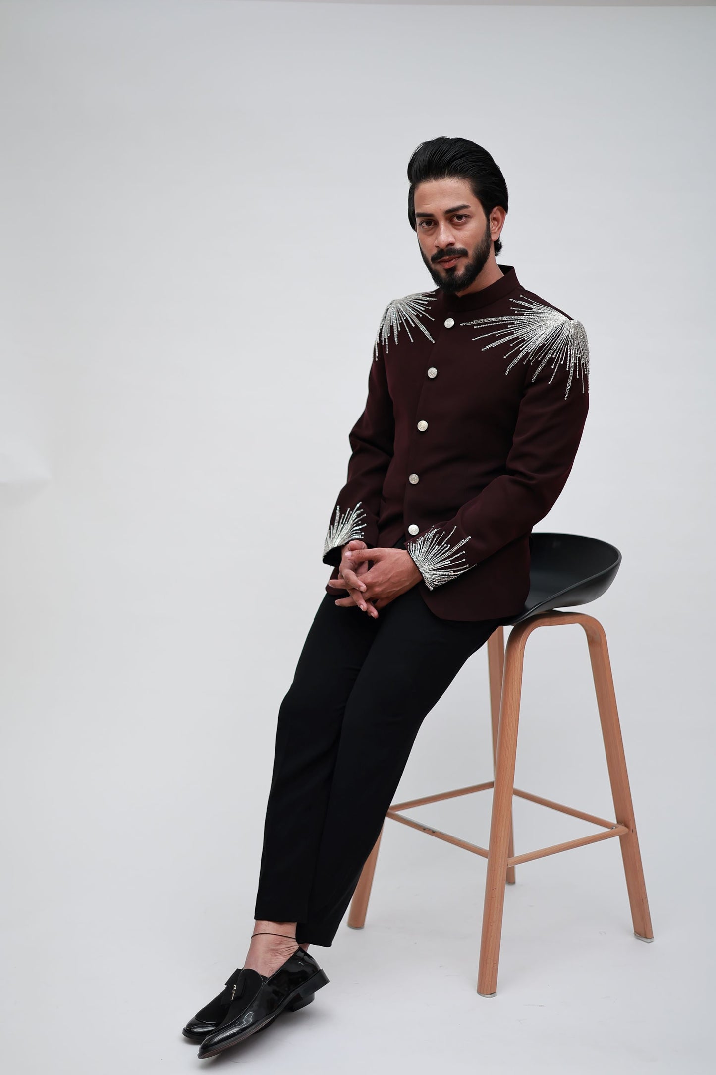 Wine Jodhpuri with White and silver cut beads and sequence work