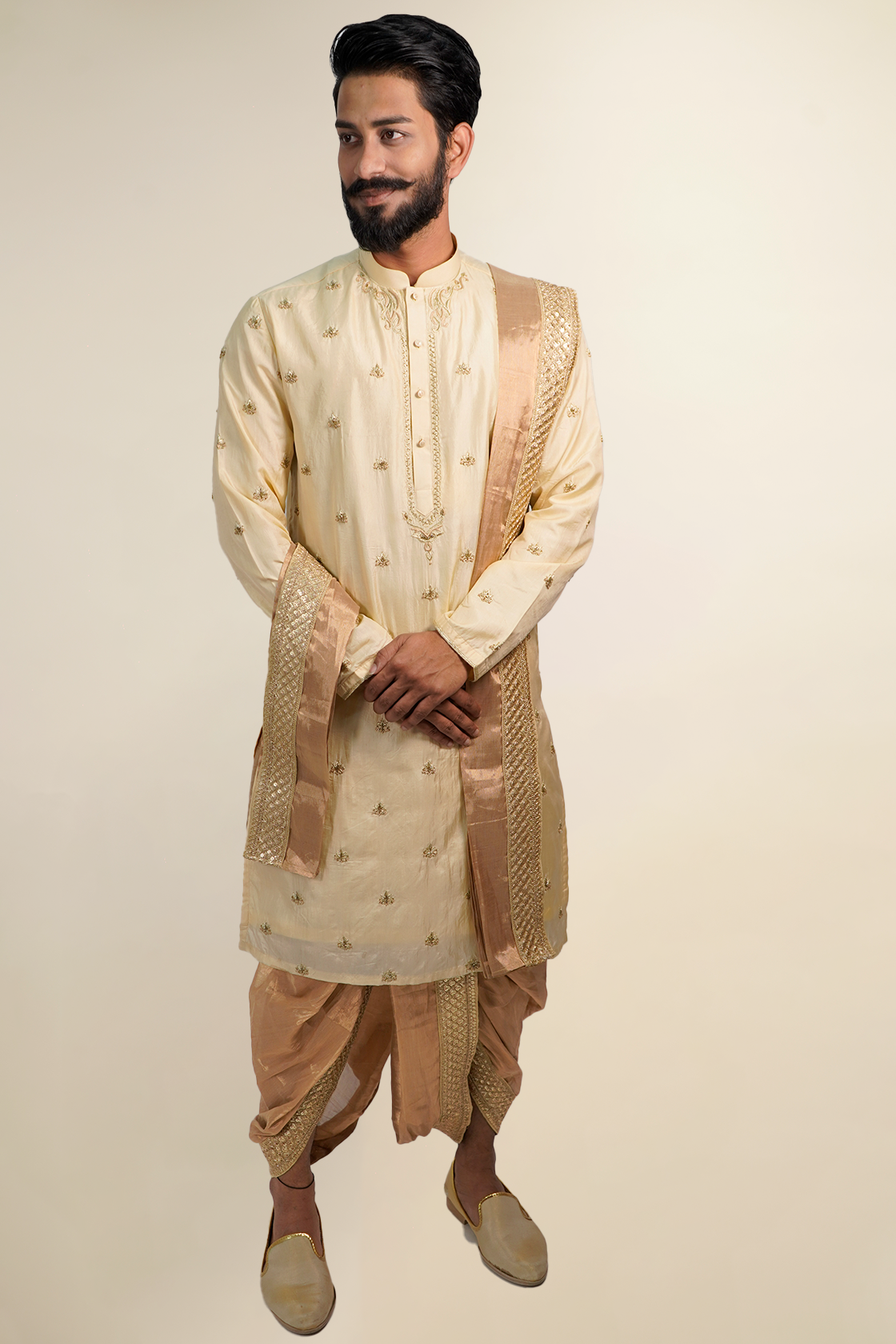 Golden Semi Pattu Kurta Set with Detailed all Over Zardozi Work