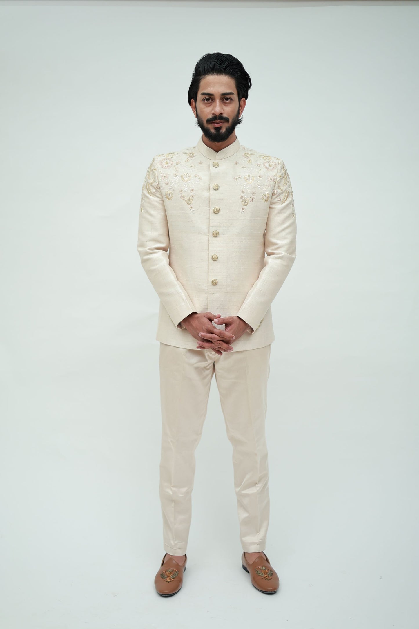 Beige Raw silk jodhpuri with shoulder floral work