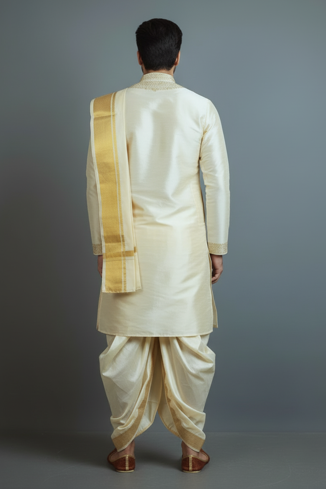 Man wearing a traditional cream kurta with a gold border against a gray background