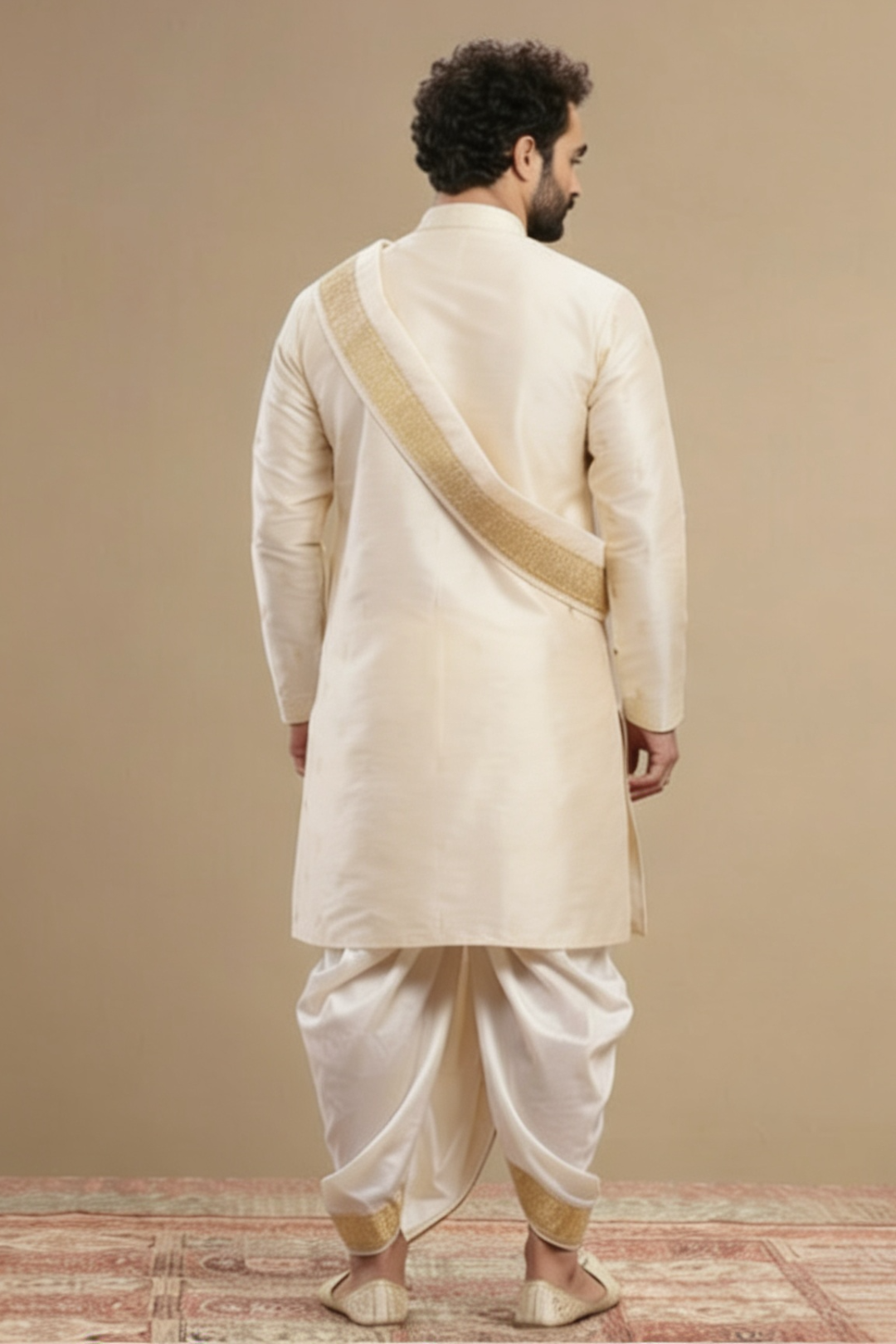 Men's Ivory Wedding Kurta with Gold Zari Border Dhoti and Stole
