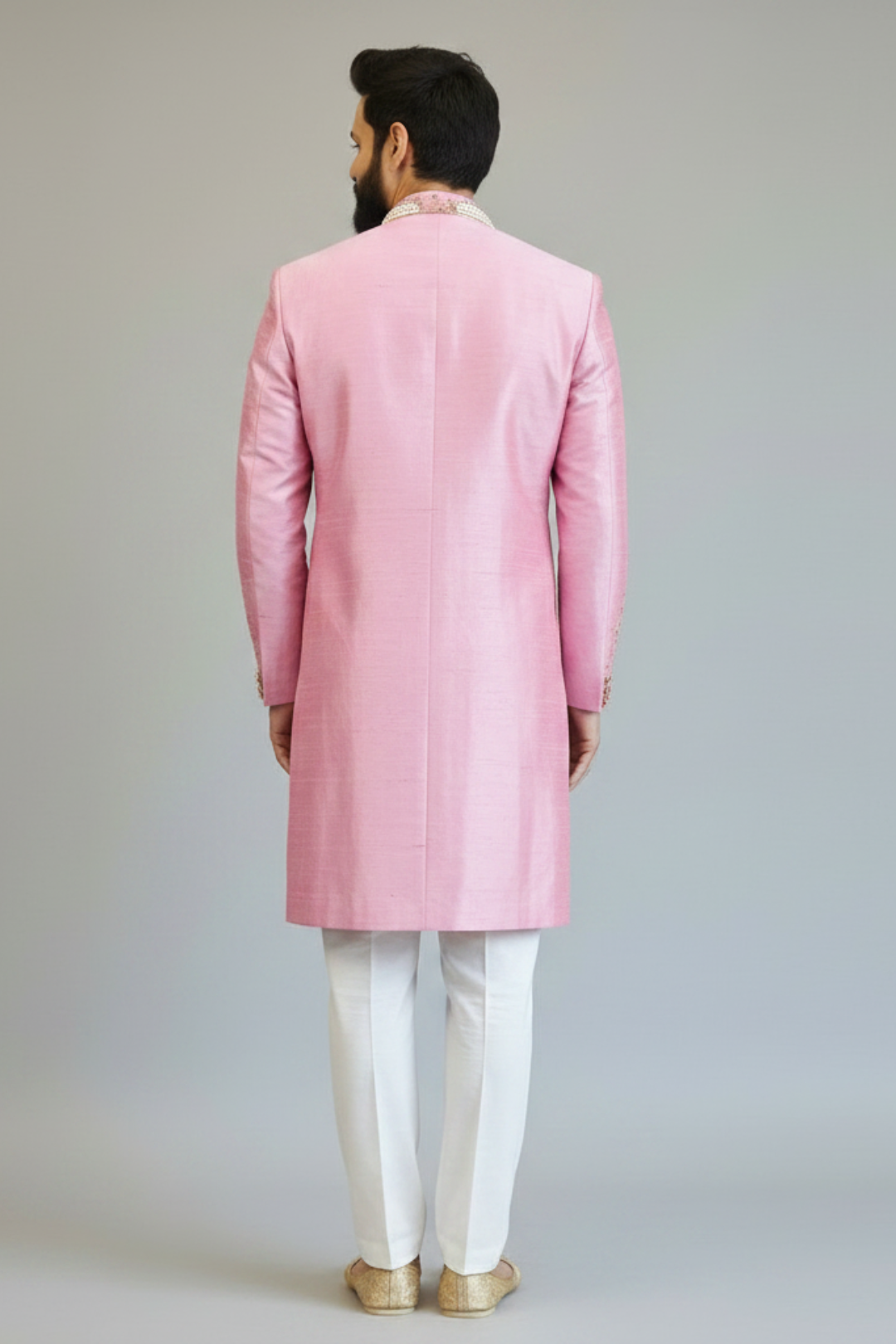 Pink raw silk placement embroidered sherwani