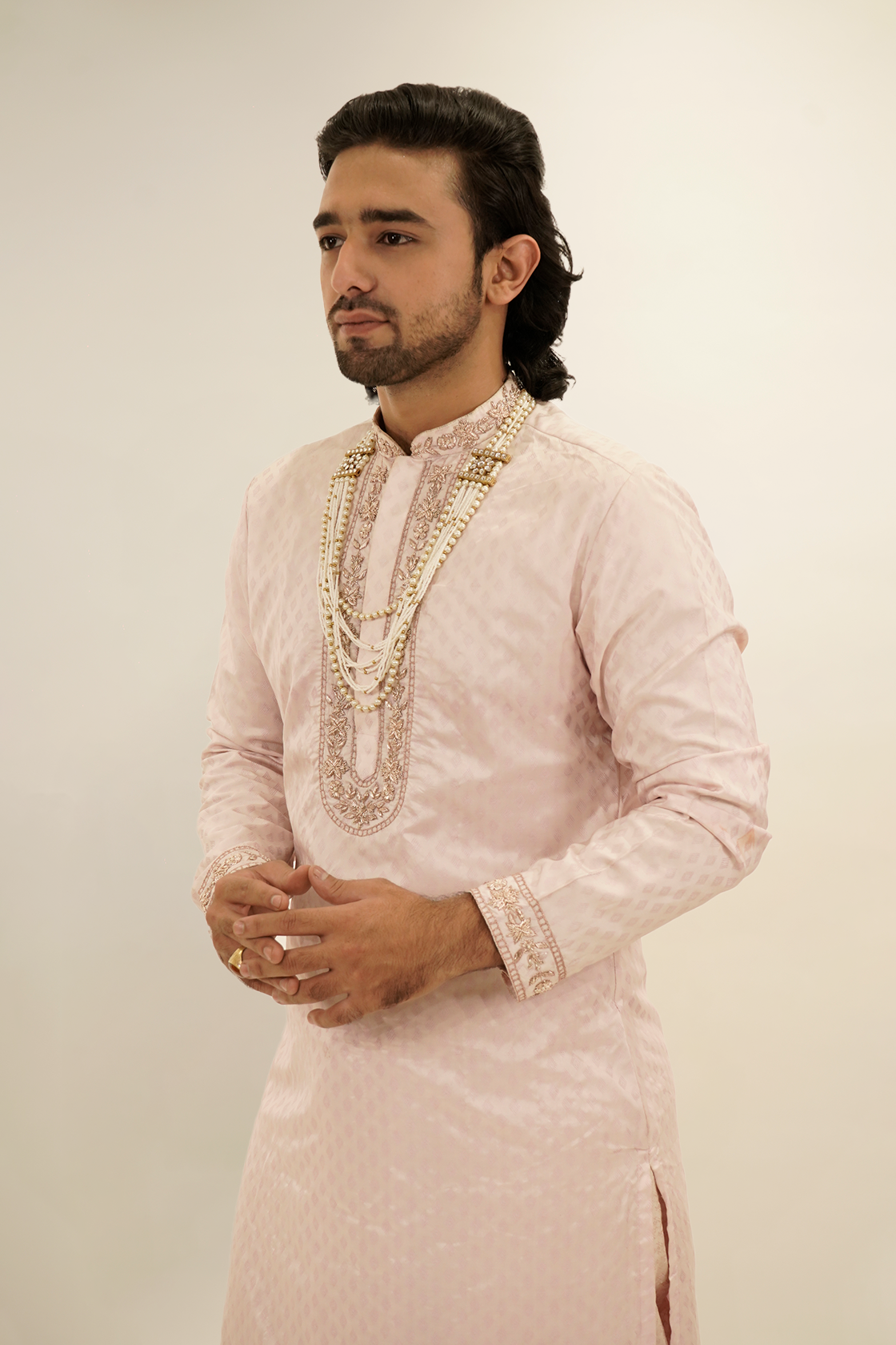 Floral Embroided Texture Pattu Kurta Set