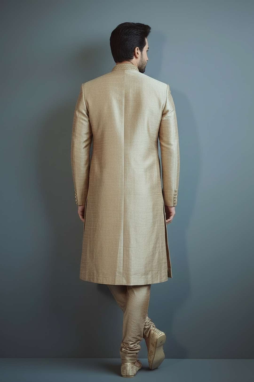 Man wearing a beige traditional outfit against a gray background