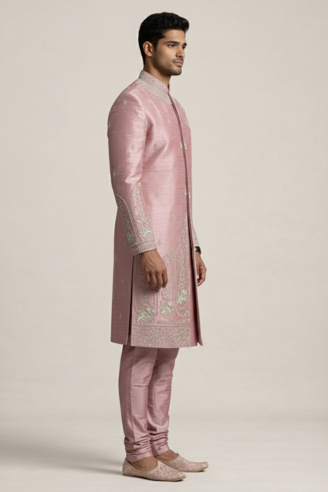 Mauve Raw Silk Sherwani with Silver Architectural Embroidery & Churidar