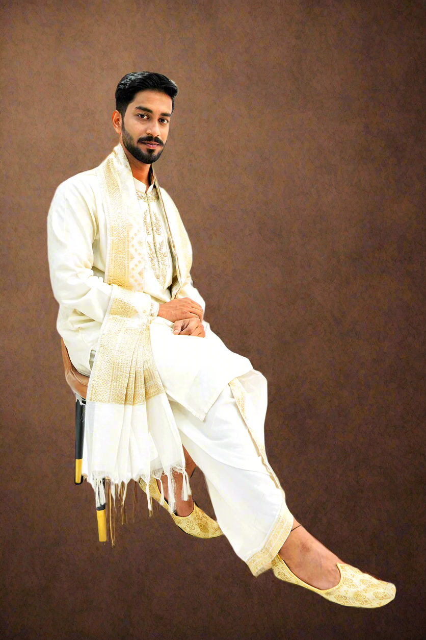 Light Cream Textured Pattu Pancha Kurta with Zardozi Work
