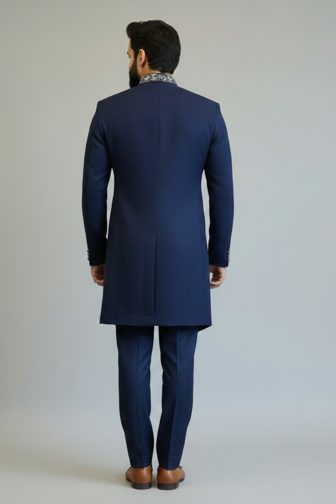 Men’s Navy Blue Self-Textured Indo Western Sherwani Set with Designer Collar & Asymmetric Button Detail