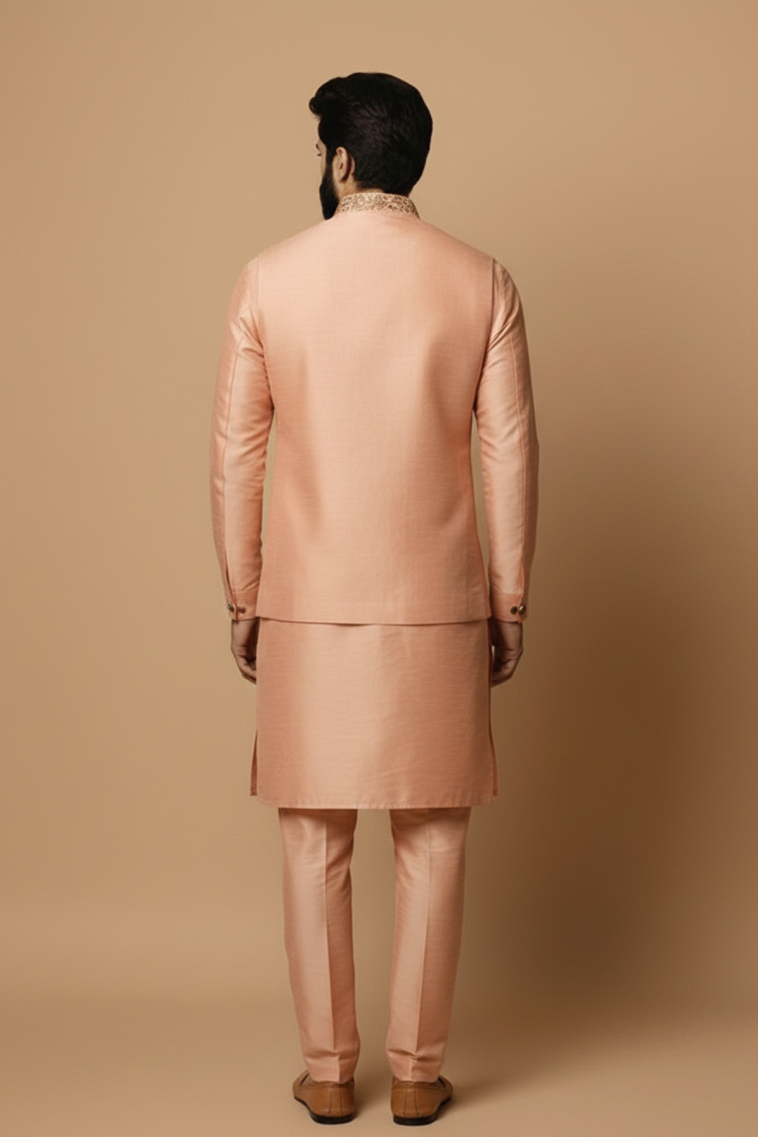 Man wearing a peach traditional outfit against a beige background
