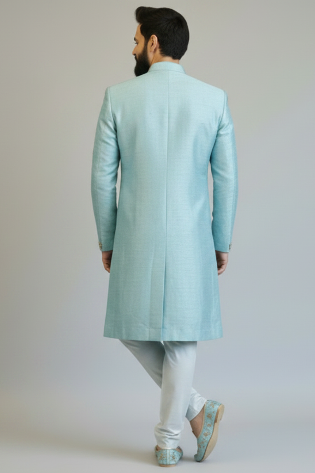 Men’s Powder Blue Self-Textured Embroidered Sherwani – Premium Wedding Wear