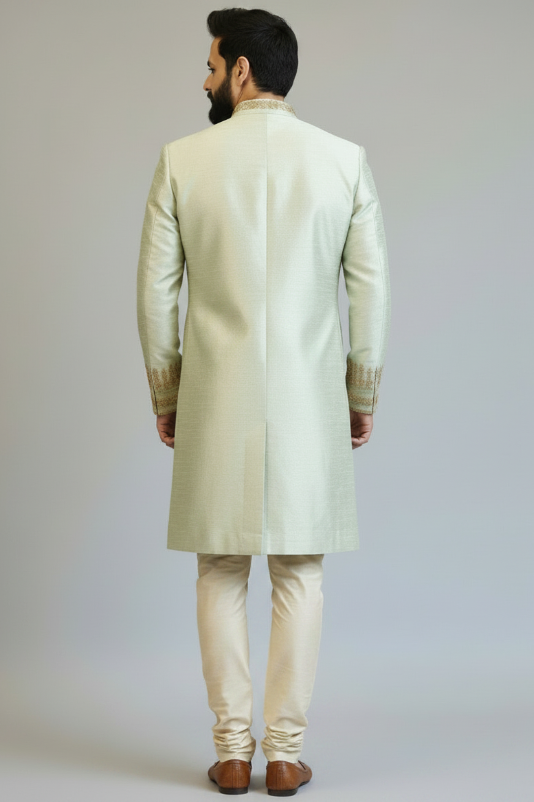 Mint Green Embroidered Sherwani for Men with Gold Zari Border Work – Luxury Wedding & Reception Wear