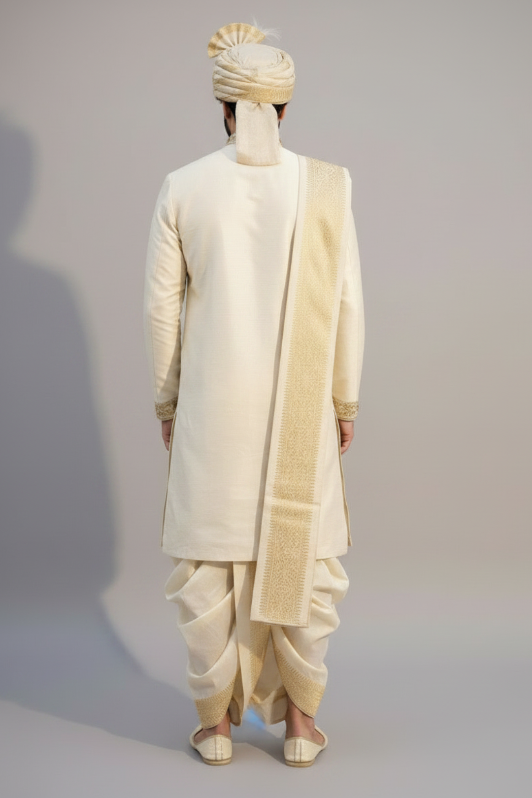 Ivory Pattu Pancha with Elephant & Floral Zari Embroidery – Traditional South Indian Wedding Groom Outfit