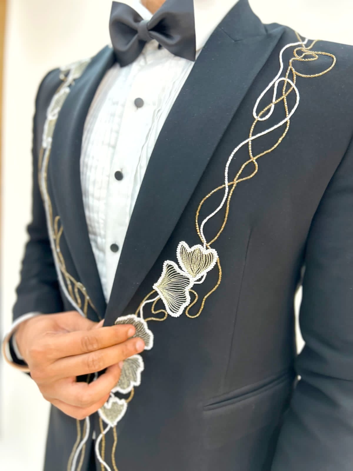 Abstract Floral embroidered Black Tuxedo with trouser