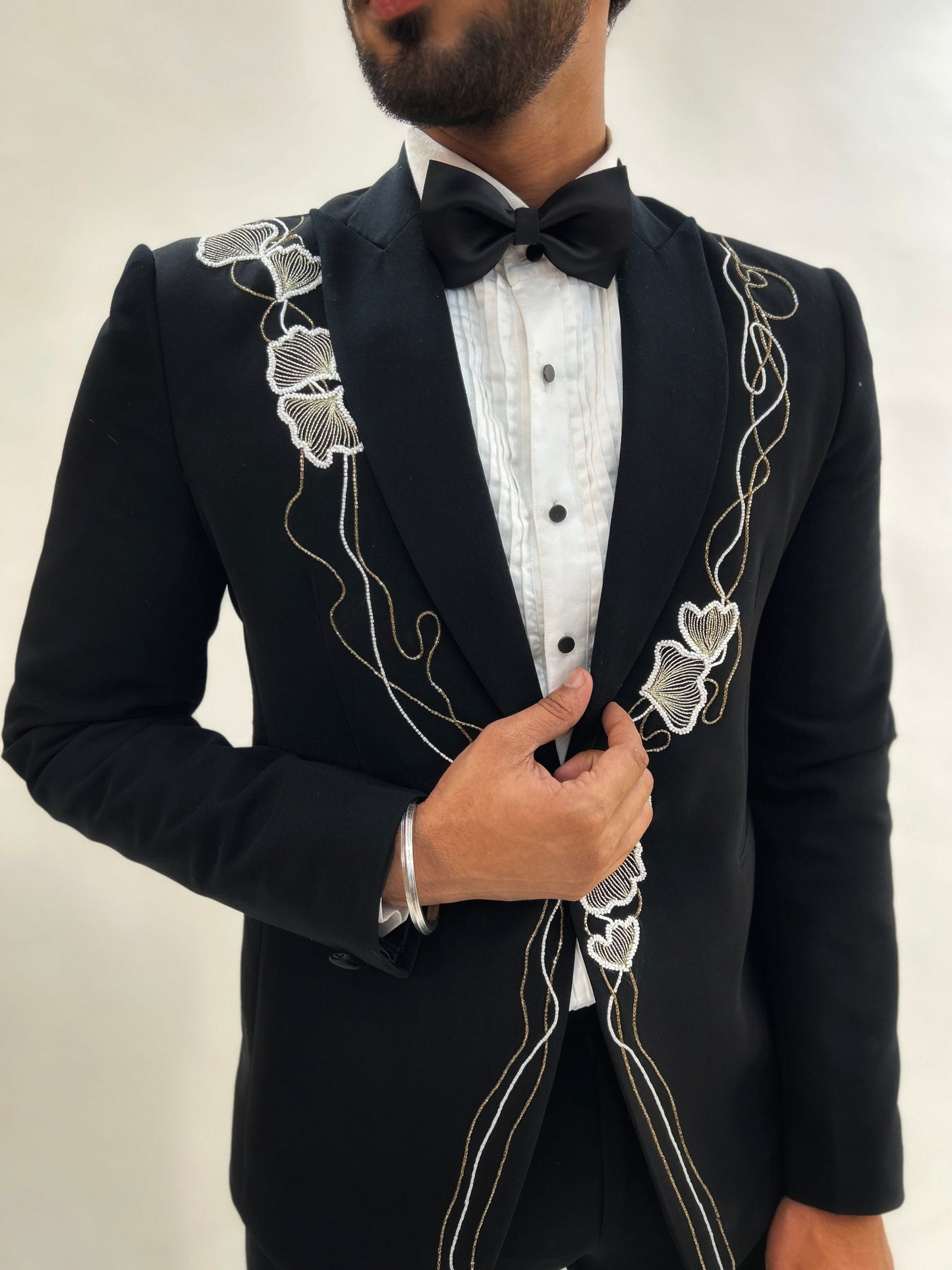 Abstract Floral embroidered Black Tuxedo with trouser
