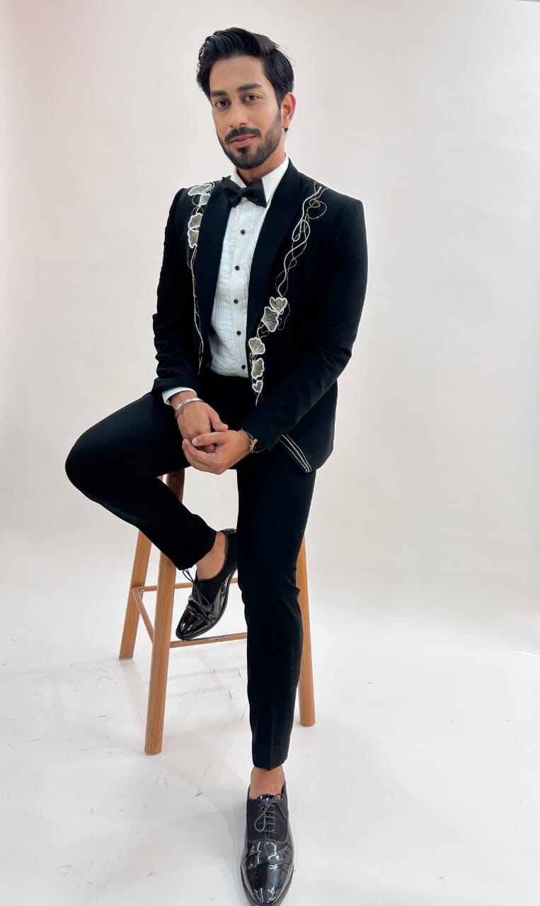 Abstract Floral embroidered Black Tuxedo with trouser