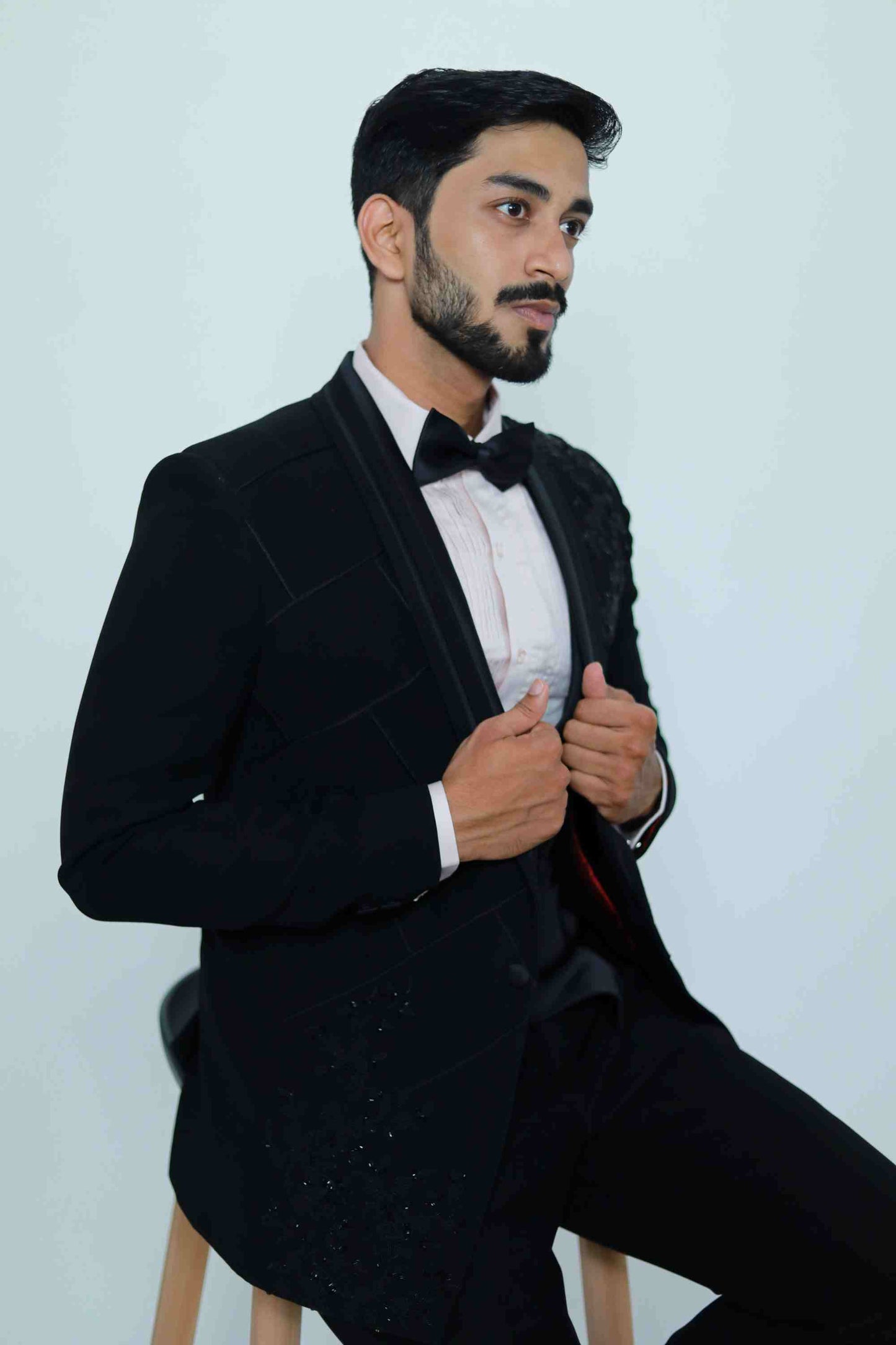 Black Self beaded embroidered tuxedo with trouser
