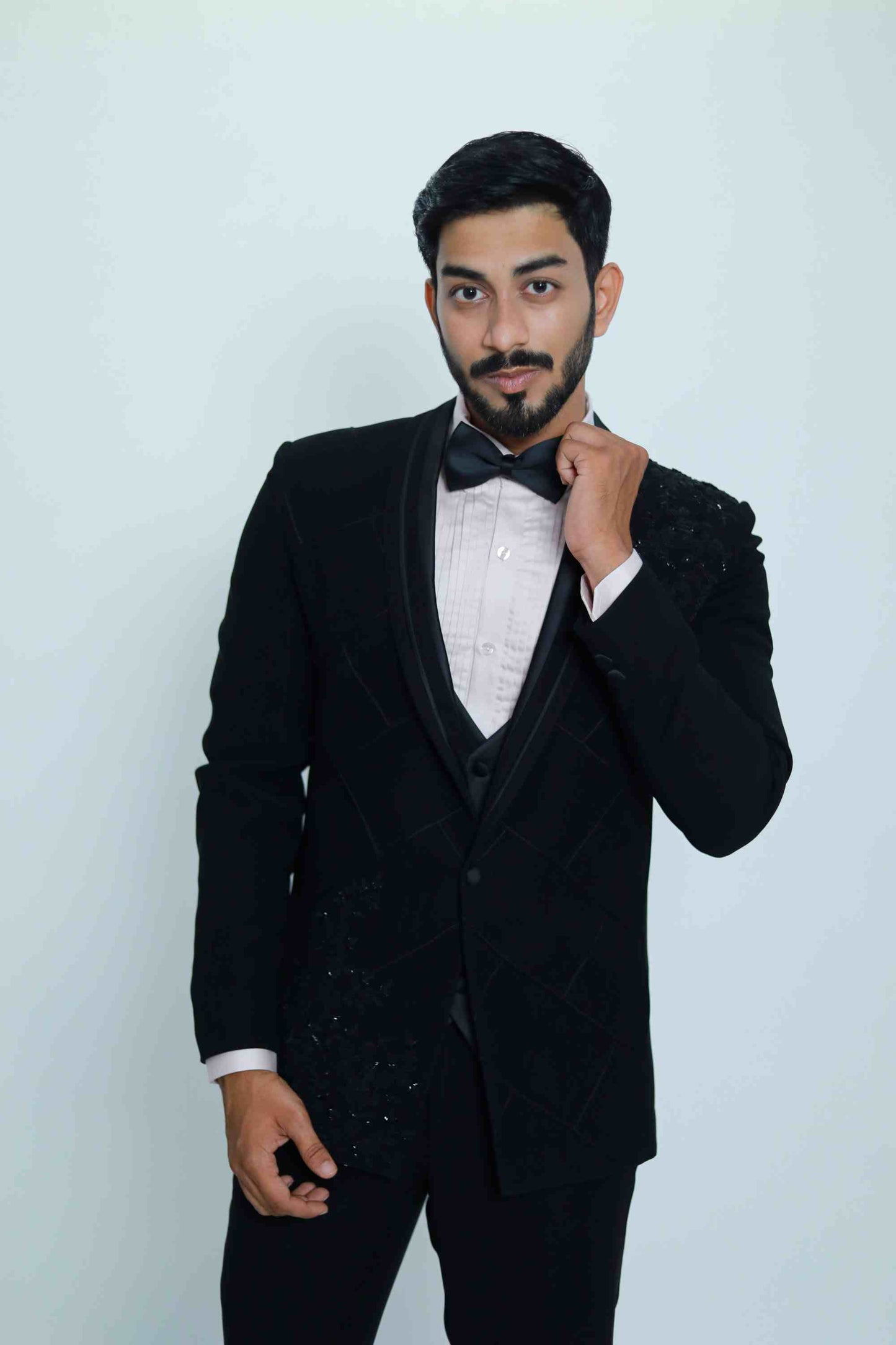 Black Self beaded embroidered tuxedo with trouser