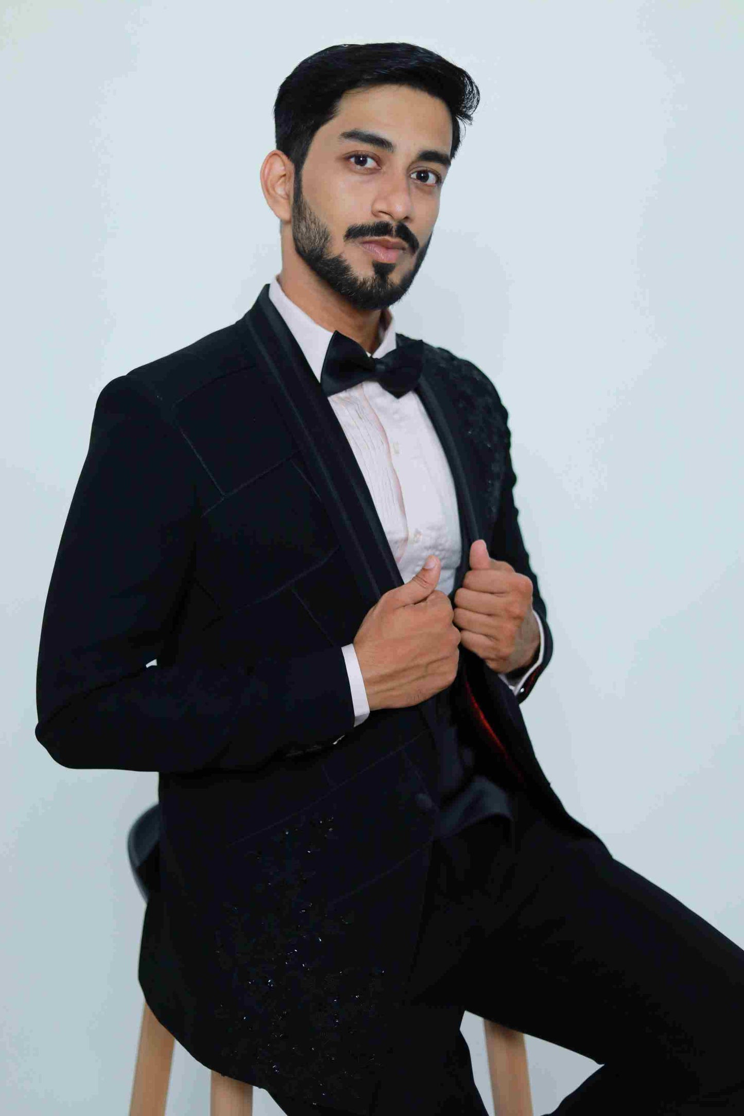 Black Self beaded embroidered tuxedo with trouser
