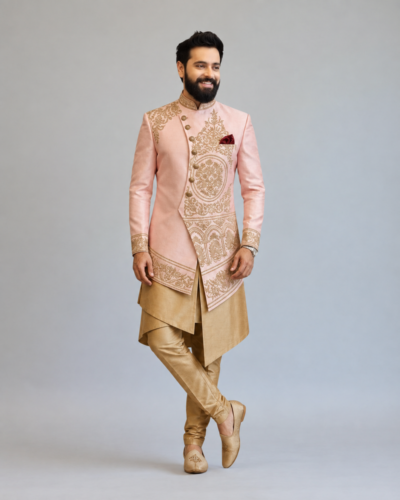 Blush Pink Embroidered Indo Western for Men – Luxury Wedding & Reception Wear