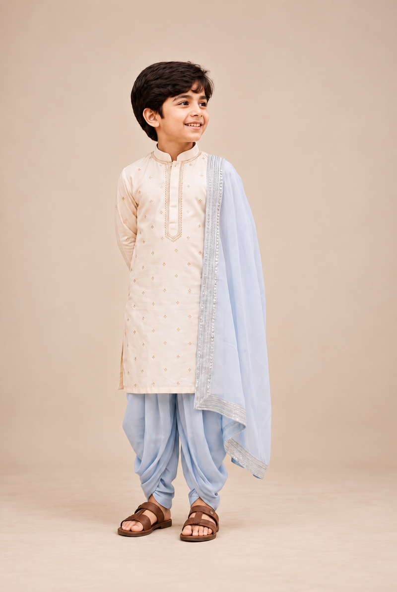 Boys Ivory & Powder Blue 3-Piece Dhoti Set