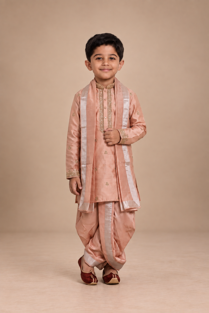 Boys Peach 3-Piece Dhoti Set
